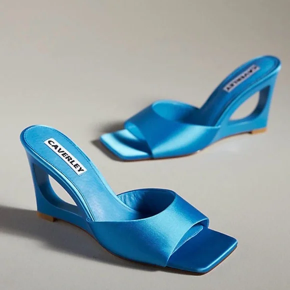 CAVERLEY Ozi Wedge Heels - Blue Satin & Leather Sculptured heeled mules Sz39 NEW - Picture 3 of 10